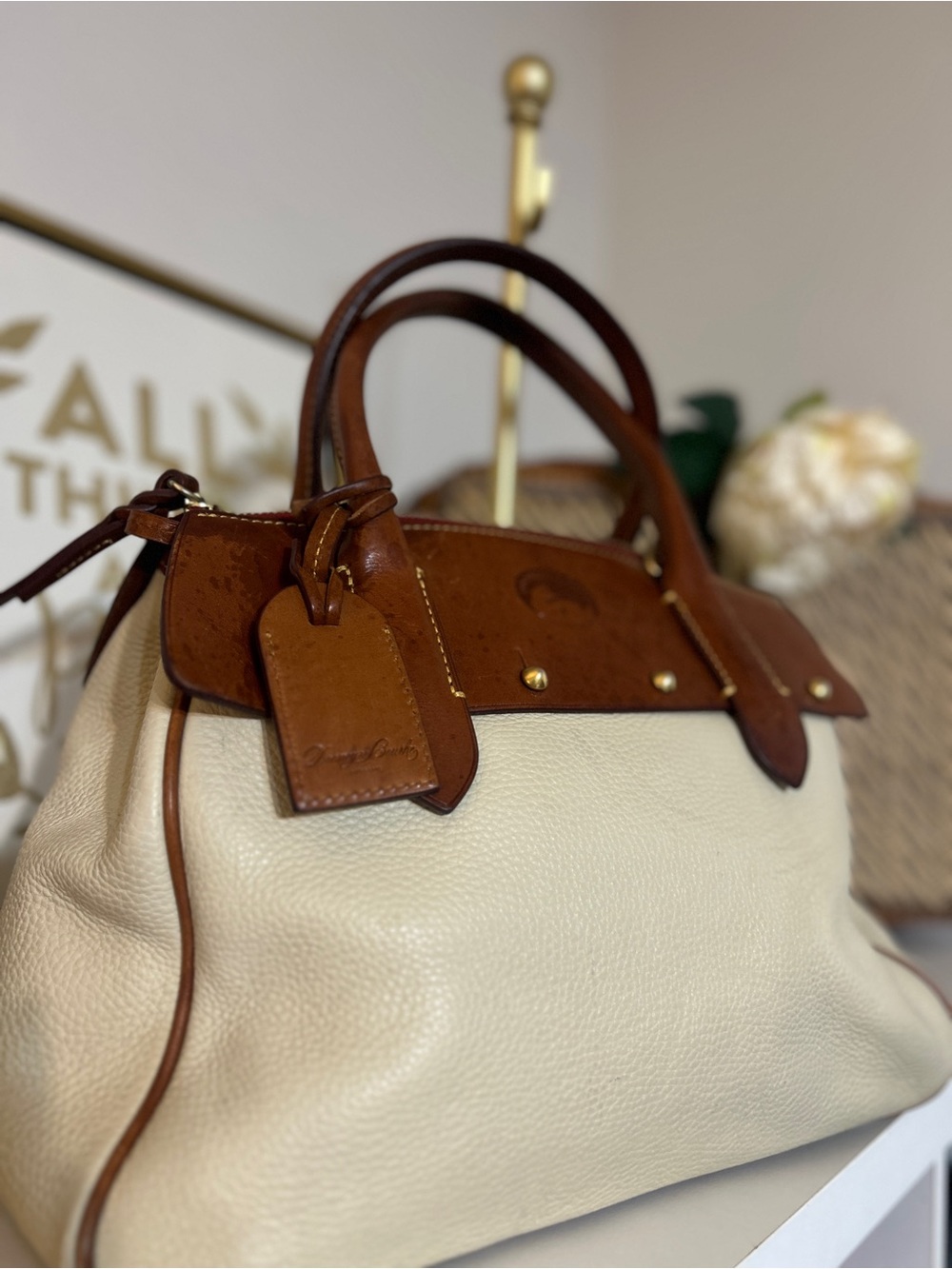 Dooney & Bourke Cream Satchel with Brown Leather Trim